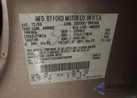 2004 Ford F-250 Lariat/Xl/Xlt из США, поврежденный, VIN 1FTNW21S34EB70099